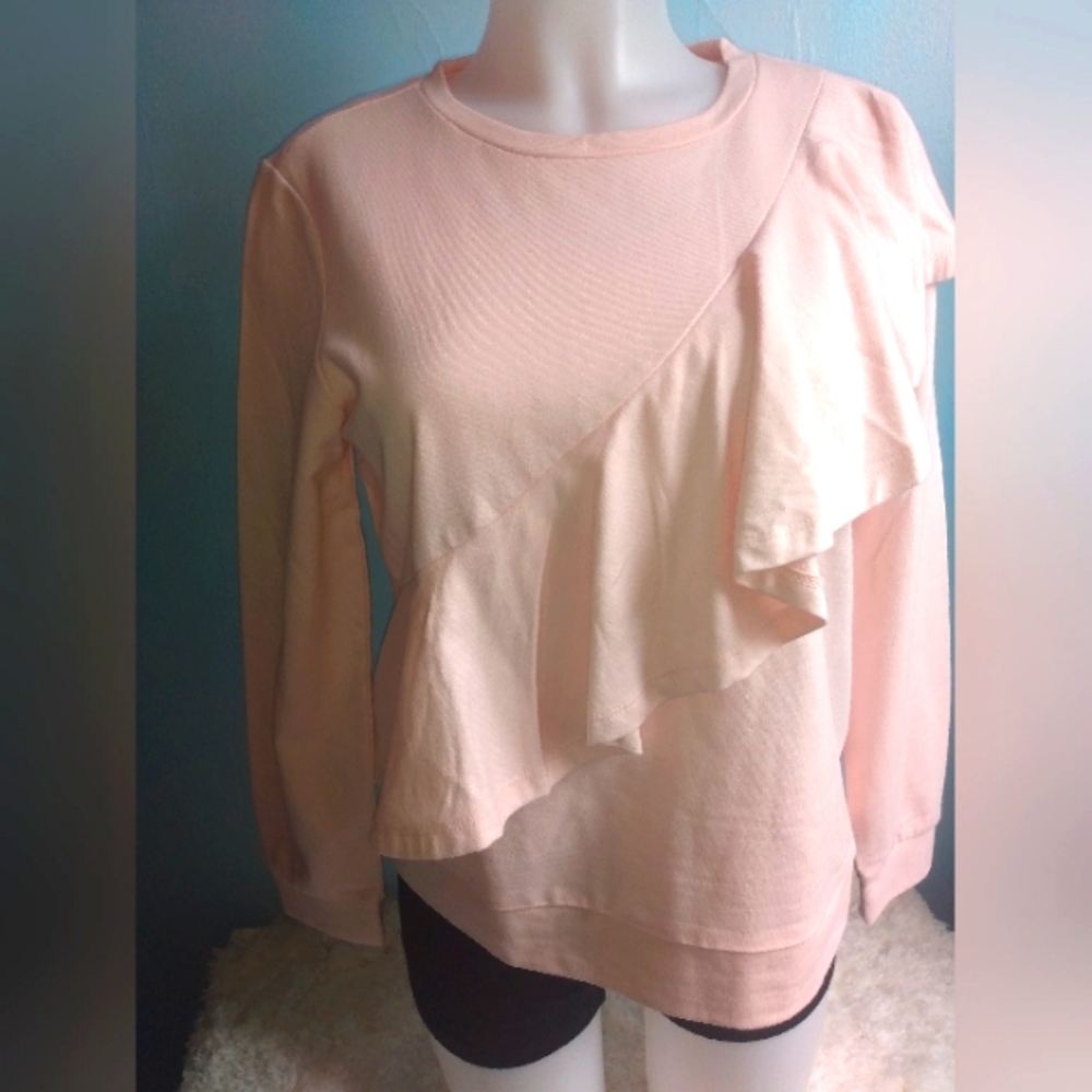 For the Republic woman's sz petite medium blush pink ruffle front sweater